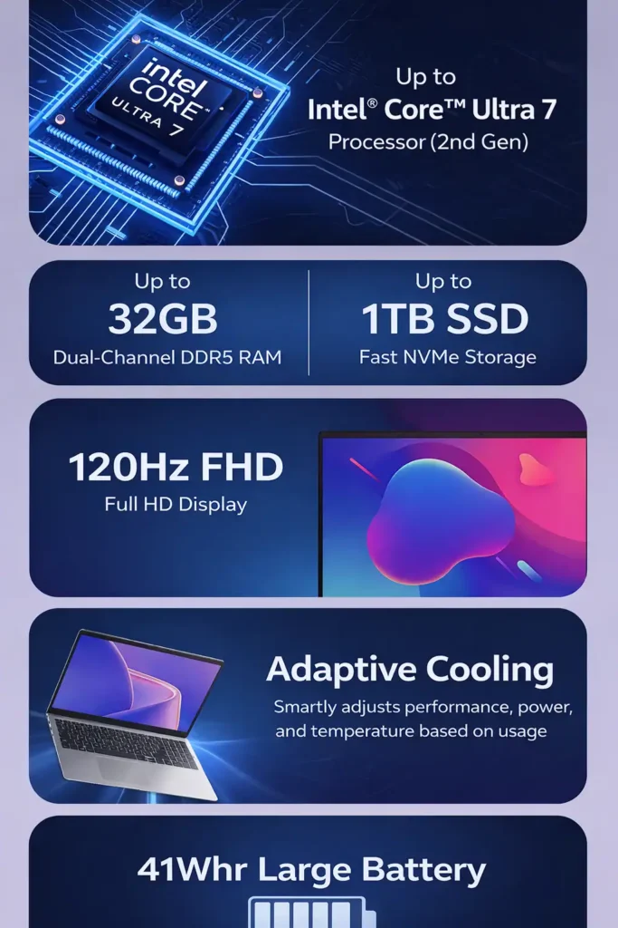 Dell Inspiron 15 2026 specs showing Intel Core Ultra 7 processor, 32GB RAM and 1TB SSD