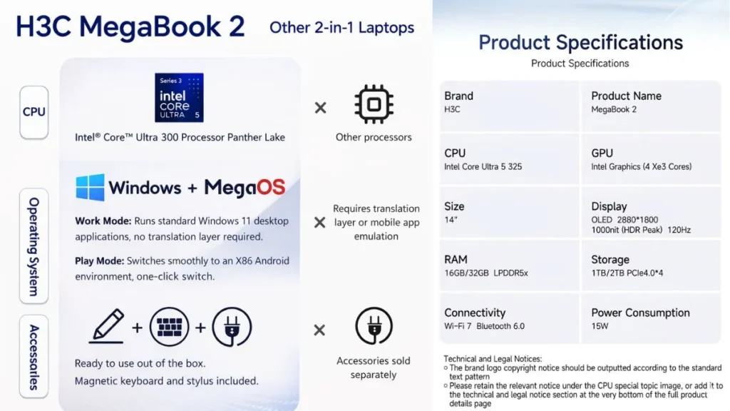 H3C MegaBook 2 2-in-1 laptop specifications with Intel Core Ultra processor and OLED display