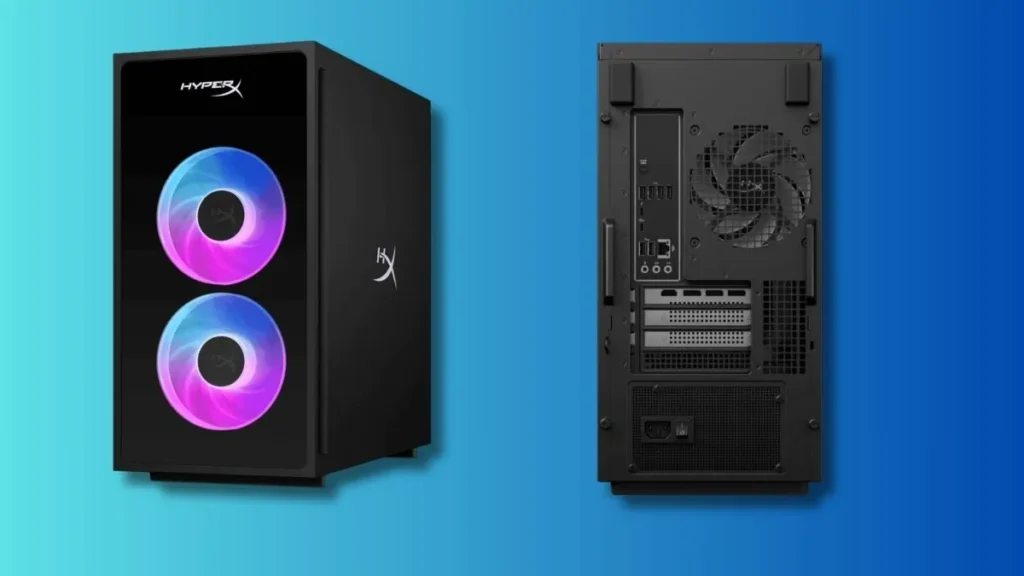 HP OMEN 35L gaming desktop showing front RGB fans and rear I/O panel design