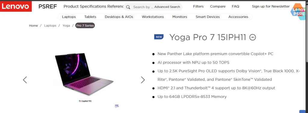 Lenovo PSREF page showing Yoga Pro 7 laptop specifications