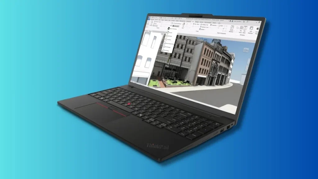 Lenovo ThinkPad P14s Gen 7 running architectural design software with 3D building model
