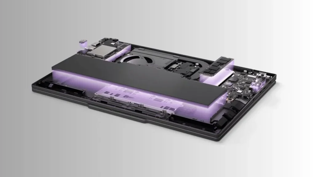Lenovo ThinkPad T14s Gen 7 internal layout showing motherboard and cooling system