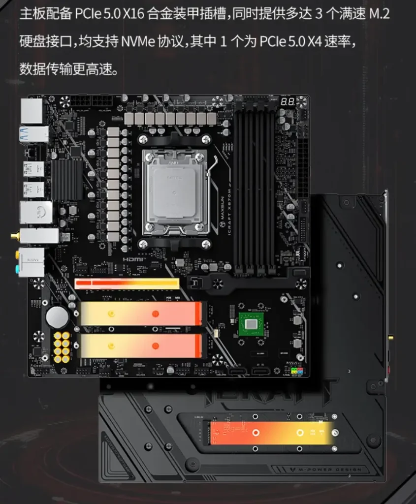 Maxsun MS-iCraft X870M motherboard showing PCIe 5.0 slot and multiple M.2 storage slots