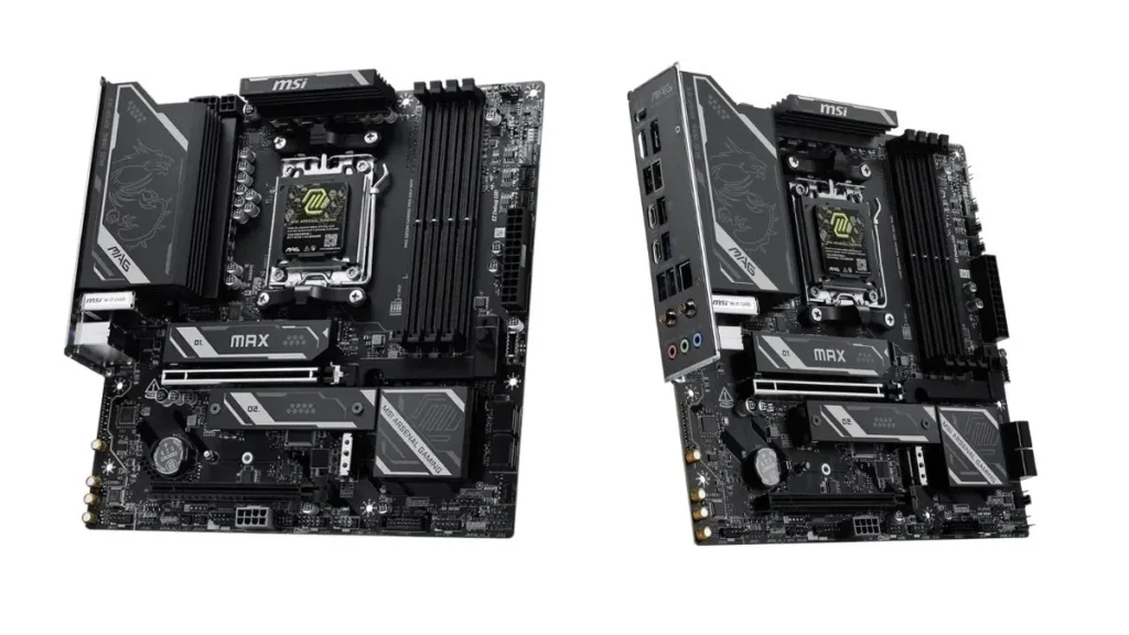 MSI MAG B850M Gaming Pro Max WiFi motherboard showing PCIe slots heatsinks and DDR5 memory slots