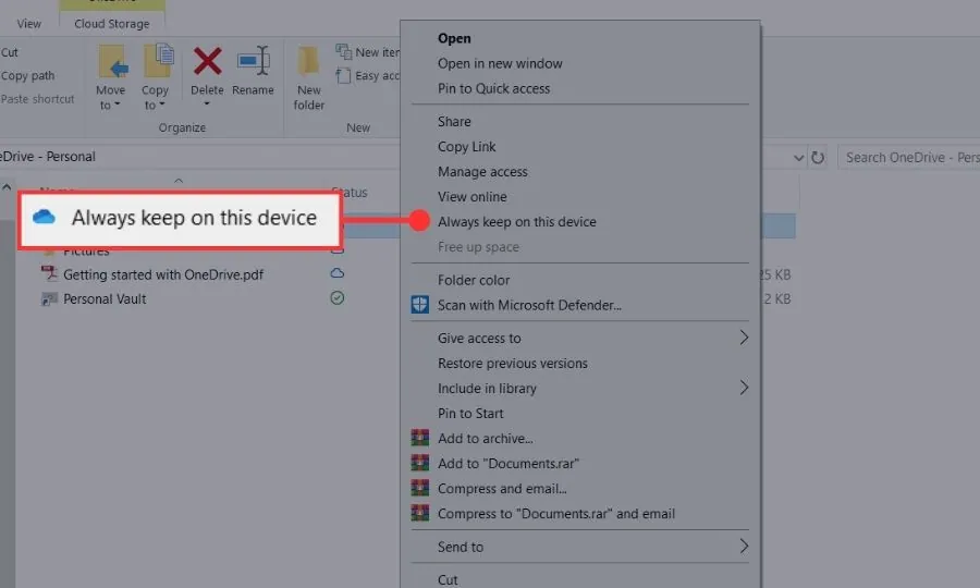 Right click menu in OneDrive showing Always keep on this device option to download files locally