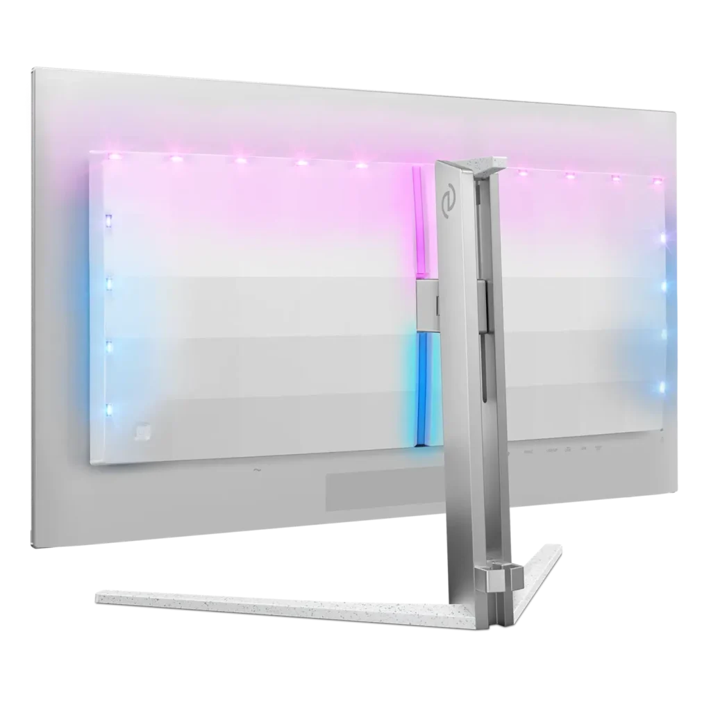 Philips Evnia 32M2N8900X 4K 240Hz OLED Monitor Listed 1 Back panel of Philips Evnia gaming monitor with ambient RGB lighting and sleek stand