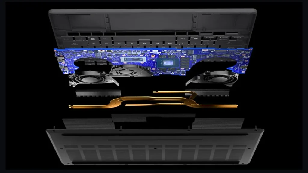 ROG Zephyrus G14 2026 GA403 internal components showing fans, heat pipes, and motherboard layout