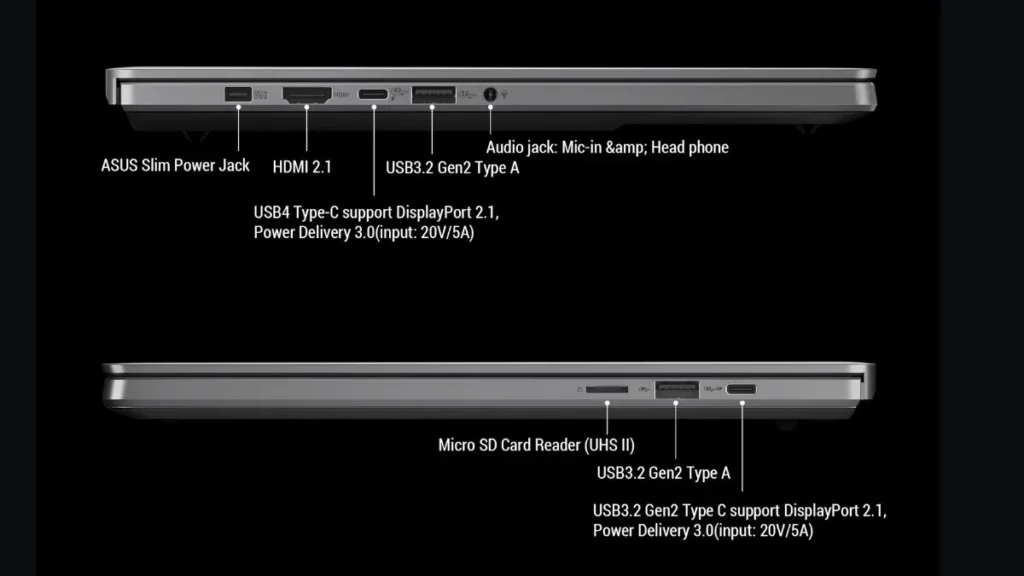 ROG Zephyrus G14 2026 GA403 showing side ports including HDMI 2.1, USB Type-C, USB Type-A, and audio jack
