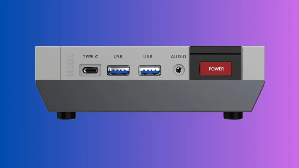 AceMagic Retro X5 Mini PC With Ryzen AI 9 HX 370 in NES-Style Design 2 ACEMAGIC Retro X5 mini PC showing front panel with USB ports, Type-C, audio jack, and power button