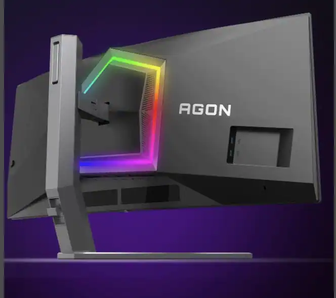 Agon Pro AGP346UCSD Tandem OLED monitor rear view showing RGB lighting and stand design