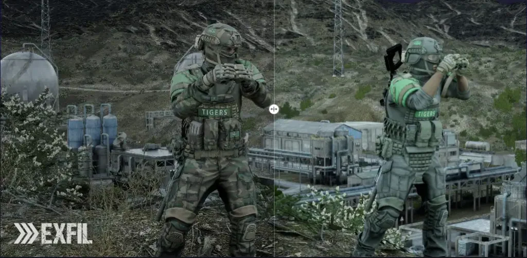 Alienware AW2726DM gaming monitor showing EXFIL gameplay comparison with improved clarity, color accuracy, and detail rendering between two scenes