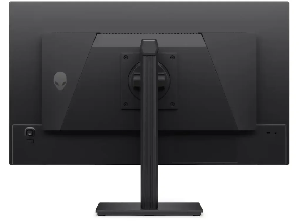 Alienware AW2726DM rear view showing minimalist black design, central stand mount, Alienware logo, and clean cable management layout