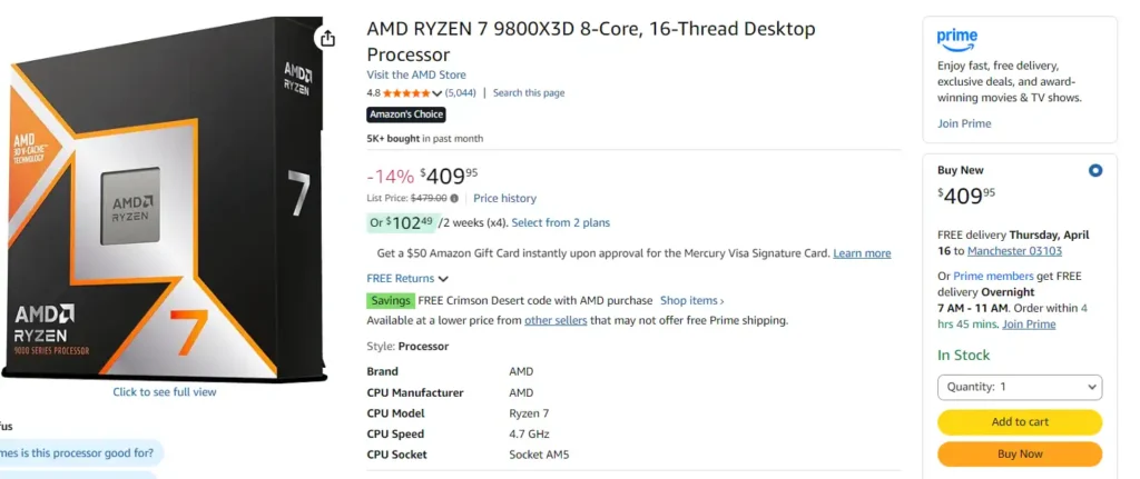 Deal | AMD Ryzen 7 9800X3D Price Drop: $70 Discount 1 AMD Ryzen 7 9800X3D processor Amazon listing showing discounted price and specifications
