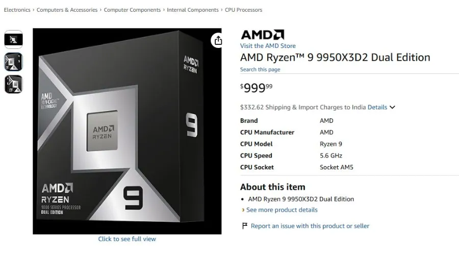 AMD Ryzen 9 9950X3D2 listed on Amazon at $999 before launch