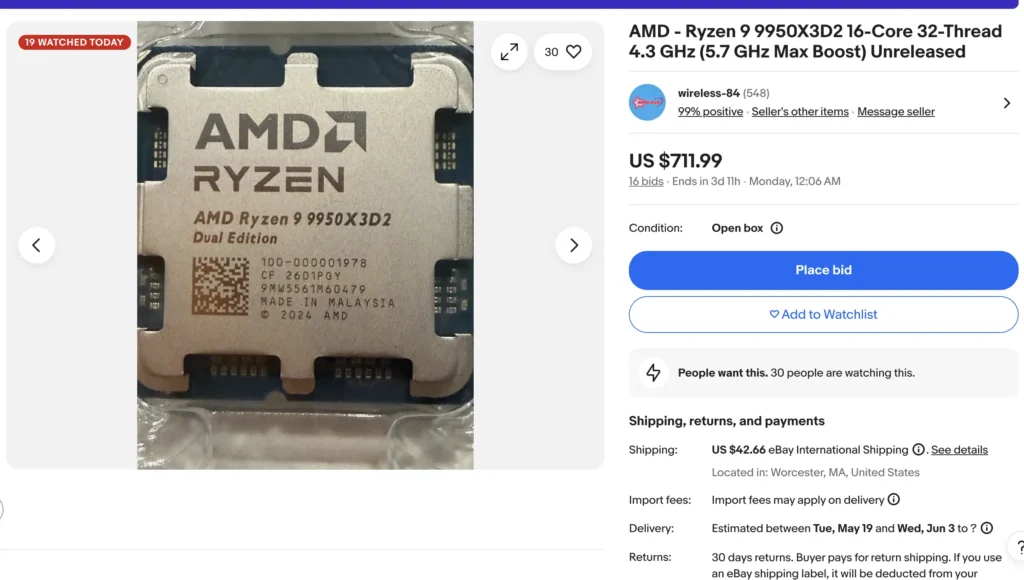 AMD Ryzen 9 9950X3D2 Listed on eBay at $711.99 Ahead of Launch 1 AMD Ryzen 9 9950X3D2 eBay listing screenshot