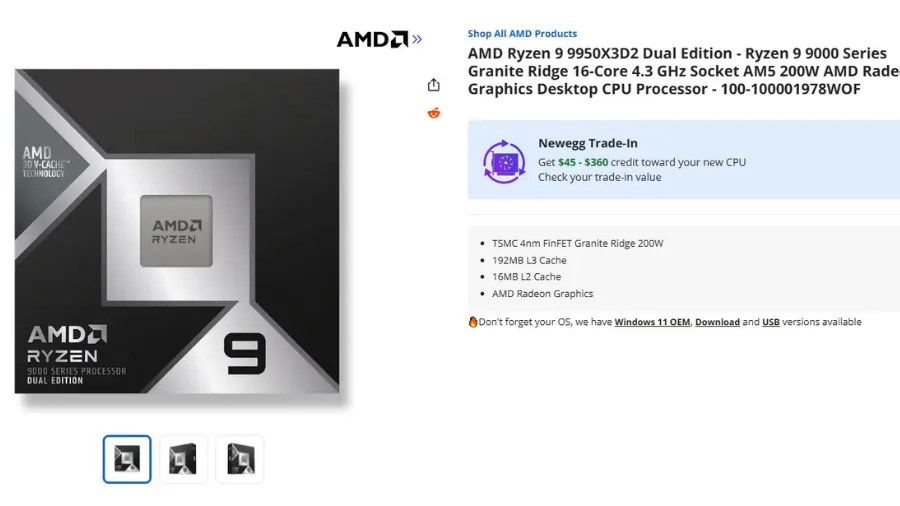 AMD Ryzen 9 9950X3D2 product page on Newegg showing early listing