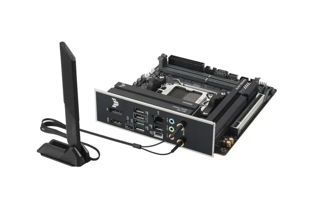 ASUS Brings TUF Gaming Mini-ITX With New B850I WiFi NEO AM5 Board 1 ASUS TUF Gaming B850I WIFI NEO Mini-ITX motherboard showing rear I/O ports and Wi-Fi antenna