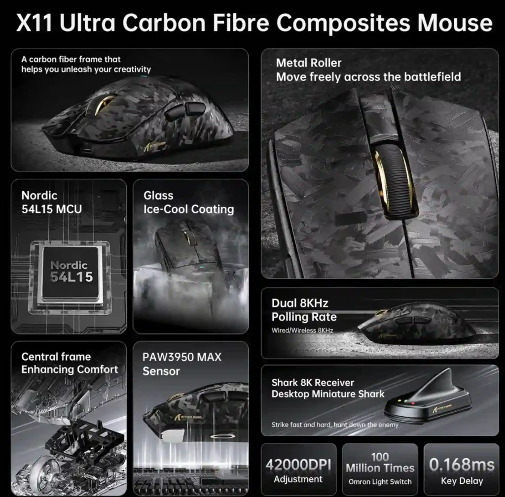 Attack Shark X11 Ultra mouse feature sheet showing specifications and gaming features
