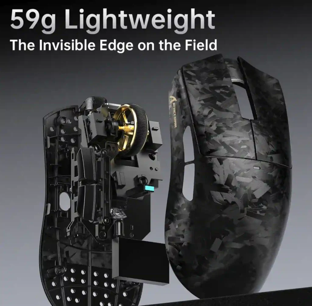 Attack Shark X11 Ultra mouse exploded view showing lightweight internal structure and shell