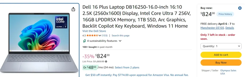 Dell 16 Plus laptop with Intel Core Ultra 7 and 2.5K display on deal