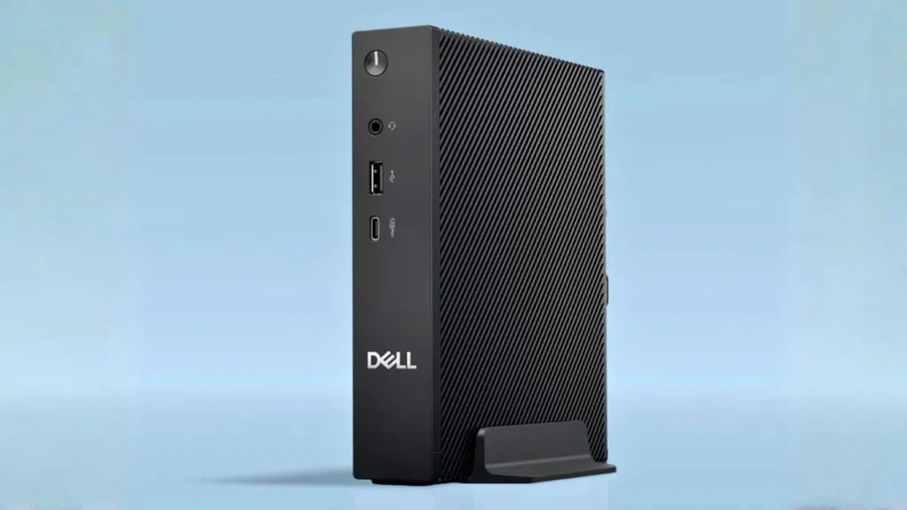 Dell Pro Micro Thin Client Q9M1260 front view highlighting slim vertical form factor with power button, USB ports, and headphone jack