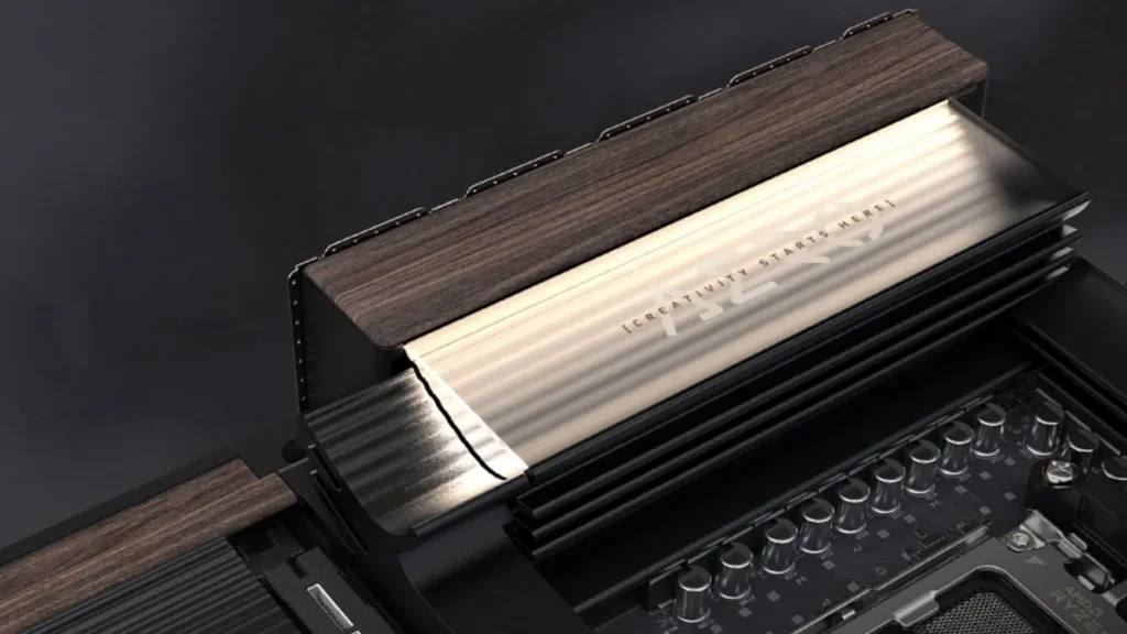 Gigabyte X870E AERO motherboard VRM heatsink with wood and metal finish