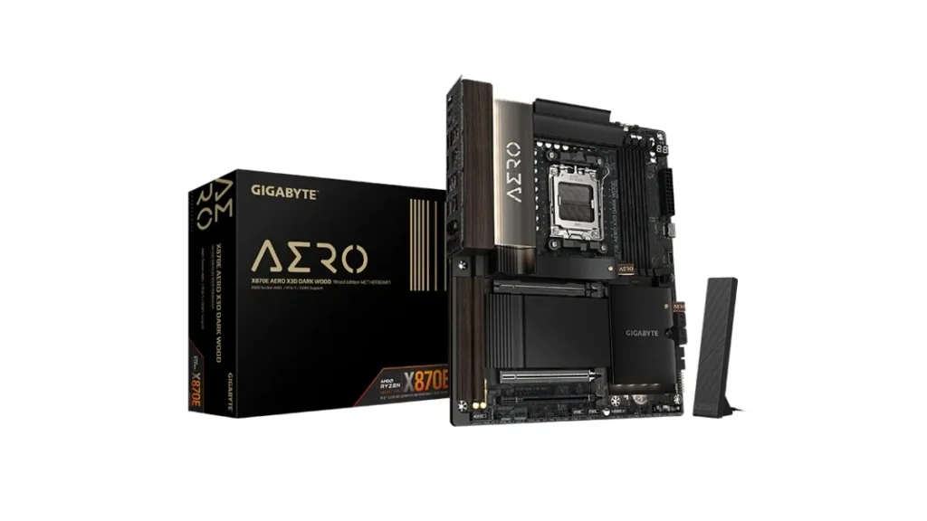 Gigabyte X870E AERO X3D DARK WOOD motherboard with retail box packaging