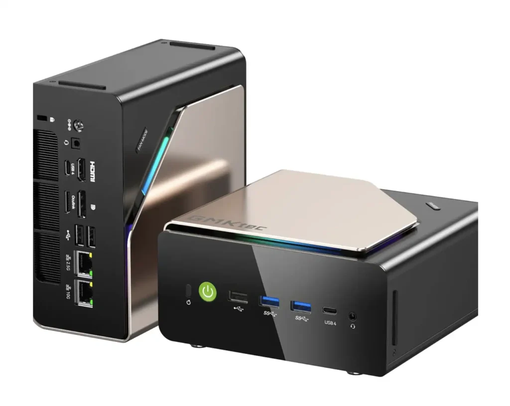 GMKtec EVO-T2S mini PC shown in horizontal and vertical positions highlighting premium compact chassis design