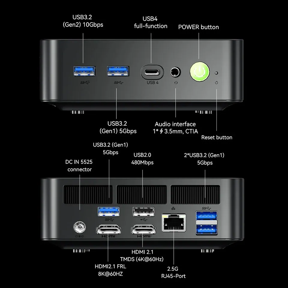 Rear view of GMKtec K17 mini PC with HDMI ports, Ethernet, USB ports, and DC input