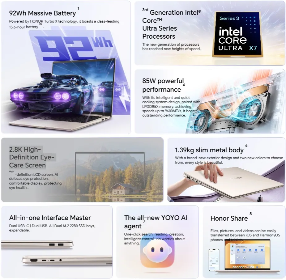 Honor MagicBook 14 (2026) Launches With 92Wh Battery, Panther Lake, 2.8K 120Hz 1 Honor MagicBook 14 promotional image showing battery life, Intel Core Ultra processor, and display features