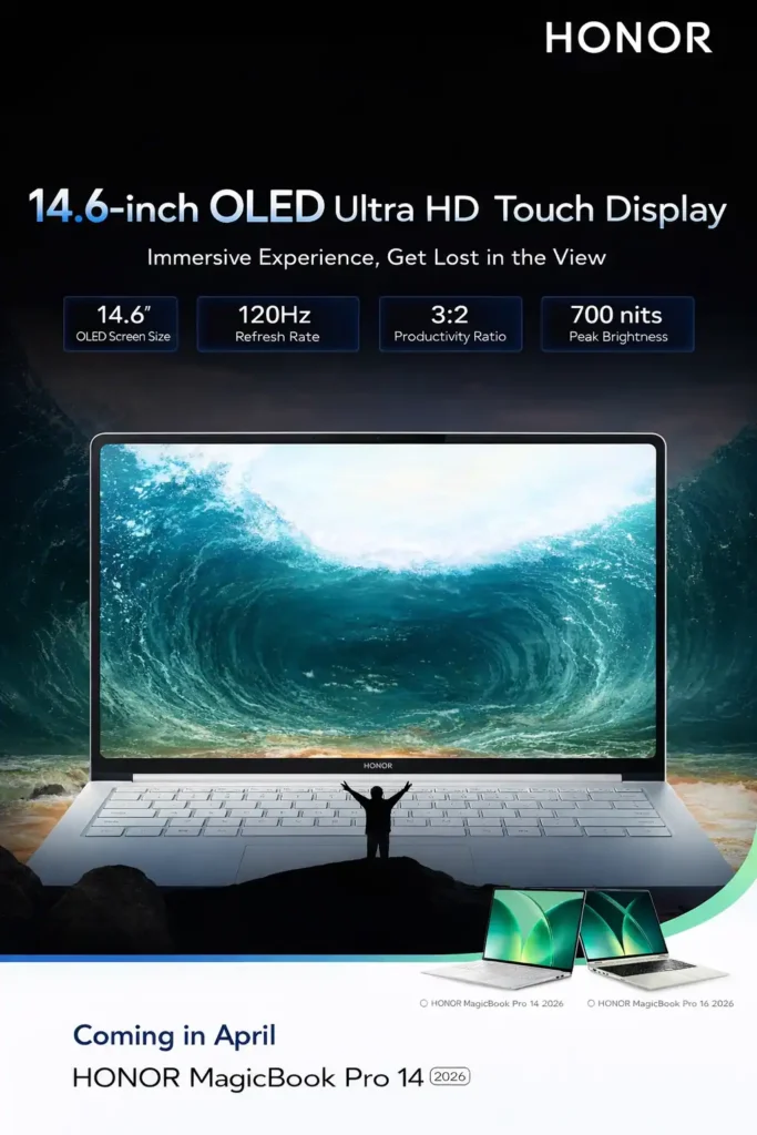Honor MagicBook Pro 14 showing 14.6-inch OLED display with 120Hz refresh rate and thin bezels