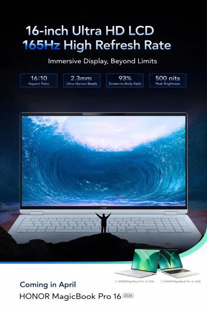 Honor MagicBook Pro 16 showing 16-inch display with 165Hz refresh rate and thin bezels