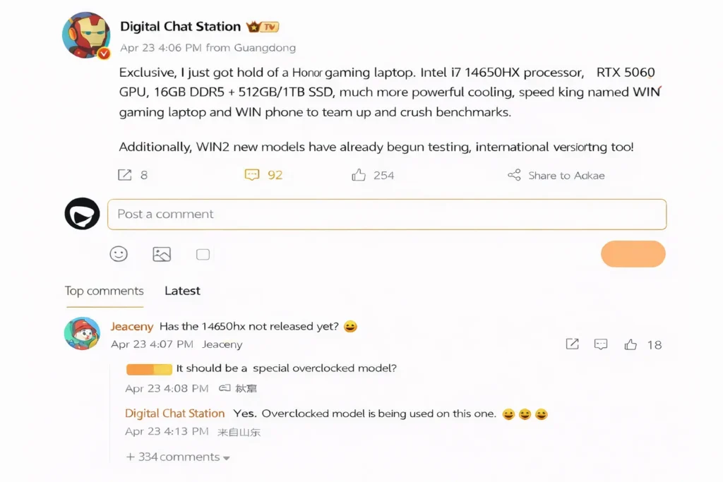 Screenshot showing Honor WIN Gaming Laptop leak with Intel i7 processor, RTX 5060 GPU, and memory