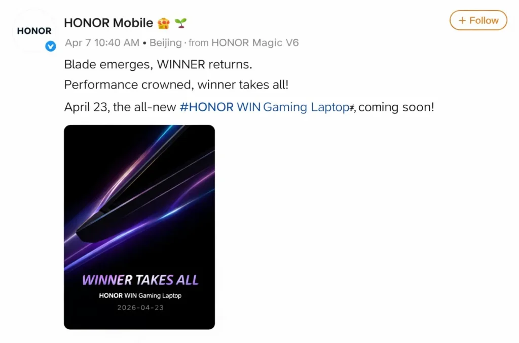 Honor WIN Gaming Laptop teaser poster with launch date and slogan Winner Takes All