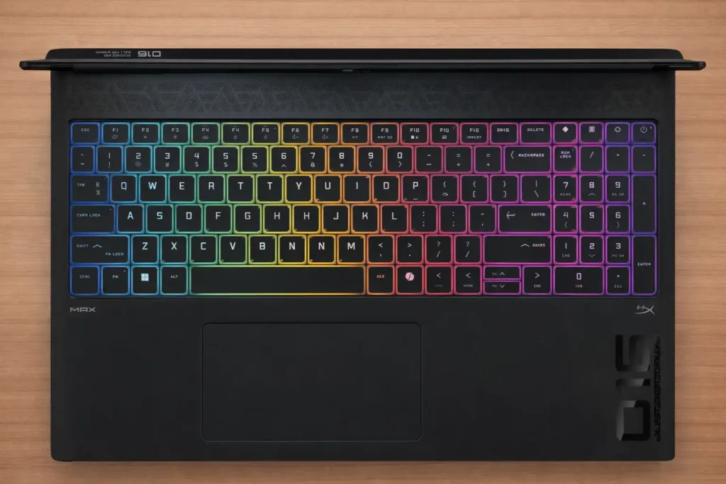 HP Omen Max 16 laptop top view showing full RGB keyboard layout and trackpad