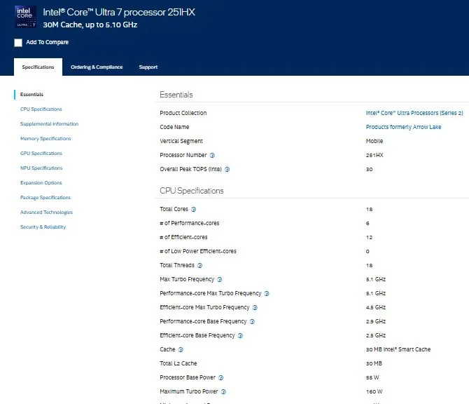 Intel Core Ultra 7 251HX Quietly Launches as 18-Core Arrow Lake-HX CPU 1 Intel Core Ultra 7 251HX specifications page showing cores, threads, cache, and frequency details