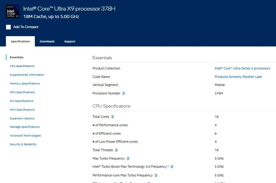 Intel Core Ultra X9 378H specifications page showing cores, threads, cache, and frequency details