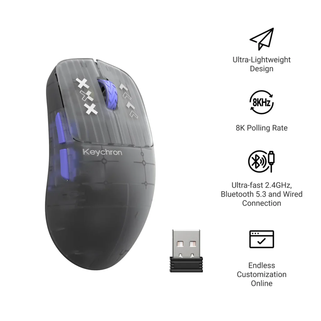 Transparent Keychron G3 gaming mouse highlighting lightweight design 8K polling and wireless connectivity