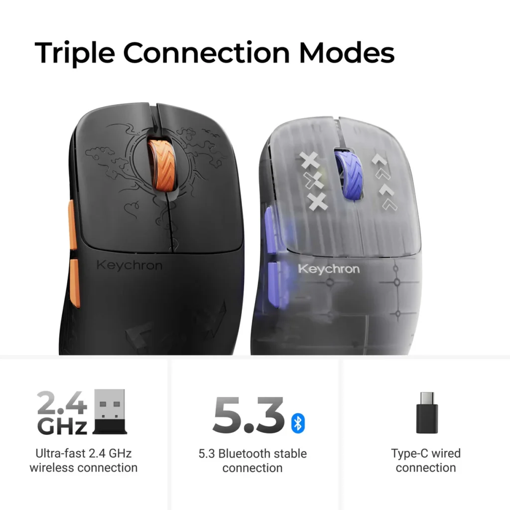 Keychron G3 gaming mouse showing support for 2.4GHz wireless Bluetooth 5.3 and USB Type-C wired connectivity