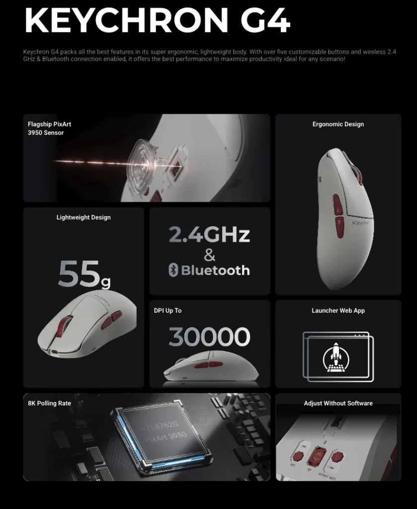 Keychron Unveils Retro G4 and Ultralight G5 Gaming Mice With 8K Polling 1 Keychron Retro G4 feature chart showing sensor, DPI, polling rate, and wireless connectivity