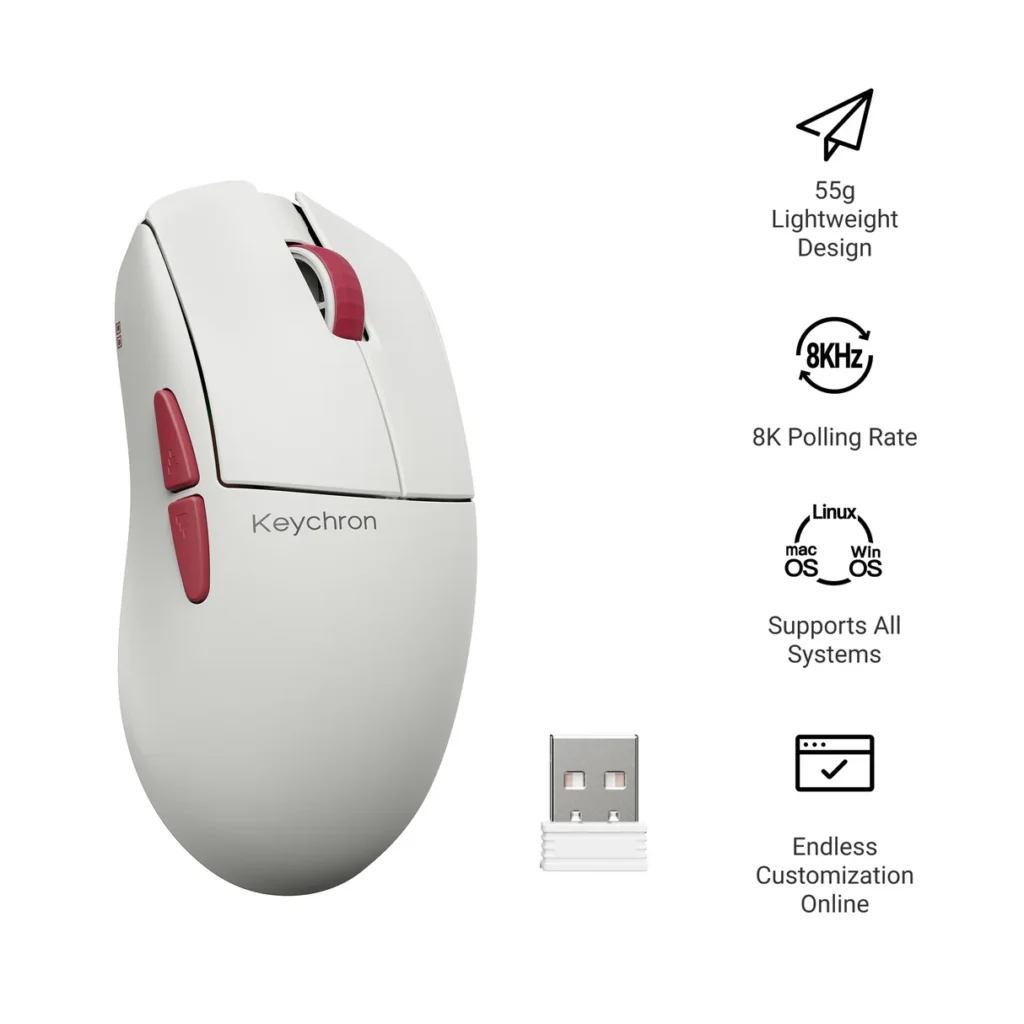 Keychron Unveils Retro G4 and Ultralight G5 Gaming Mice With 8K Polling 3 Keychron Retro G4 white gaming mouse with USB receiver and feature icons displayed