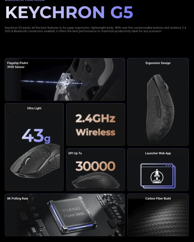 Keychron Unveils Retro G4 and Ultralight G5 Gaming Mice With 8K Polling 2 Keychron Ultralight G5 feature chart showing weight, DPI, sensor, and carbon fiber build