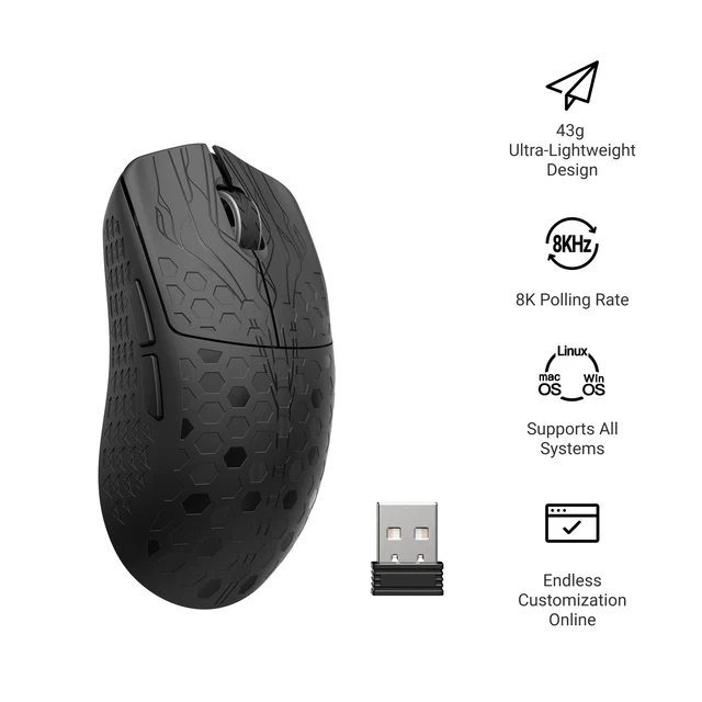 Keychron Unveils Retro G4 and Ultralight G5 Gaming Mice With 8K Polling 4 Keychron Ultralight G5 black gaming mouse with USB receiver and feature icons displayed