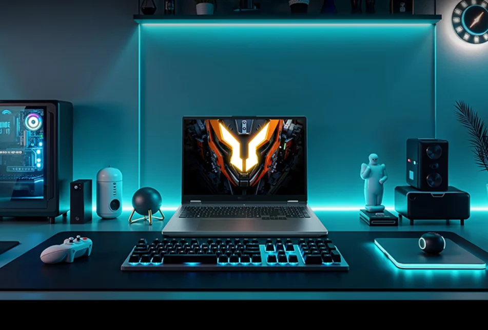 Lenovo Bellator 7000 2026 gaming laptop placed on RGB desk setup with external keyboard mouse and ambient lighting in a modern gaming environment