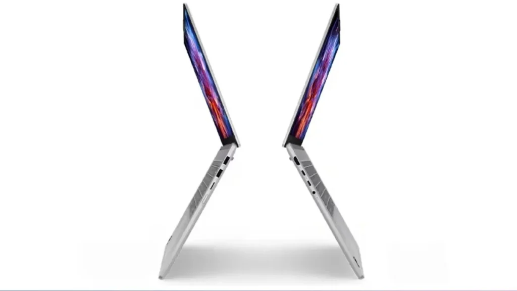 Lenovo IdeaPad Slim 5x showing two side profiles highlighting slim design and hinge angle