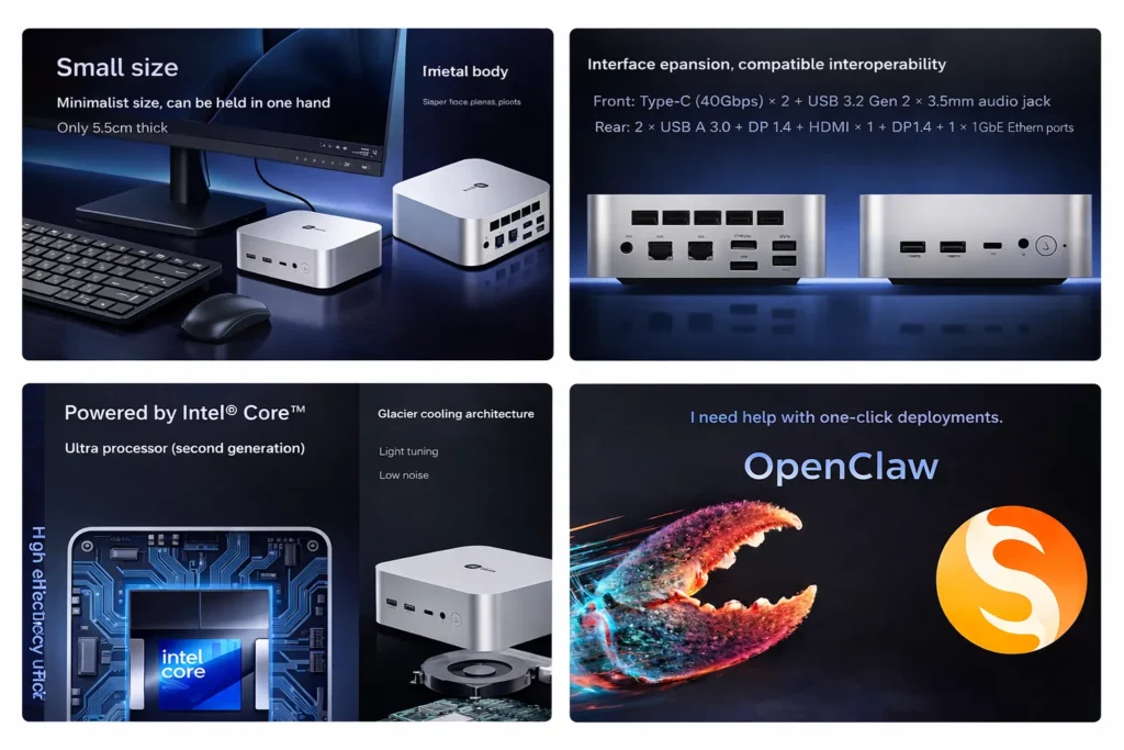 Lenovo Lecoo mini PC features including ports, Intel Core processor, and compact design