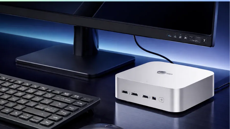 Lenovo Lecoo mini PC placed on desk with monitor and keyboard