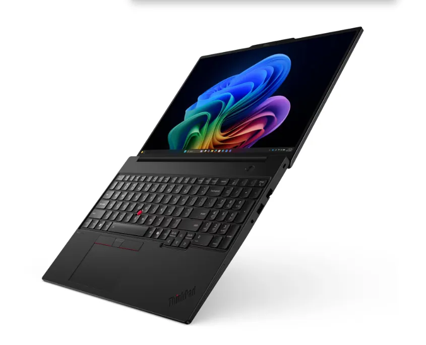 Lenovo ThinkPad T16 Gen 5 angled view highlighting keyboard layout, display panel, and business laptop design