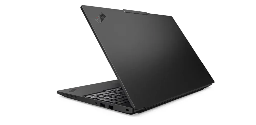 Lenovo ThinkPad T16 Gen 5 rear lid showing matte black finish with ThinkPad branding and hinge structure