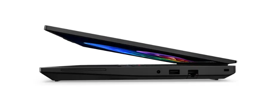 Lenovo ThinkPad T16 Gen 5 slim side profile showing thin chassis design, hinge mechanism, and port placement